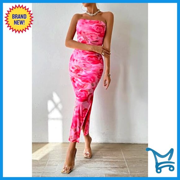 Strapless Maxi Bodycon Dress Floral Mesh Formal Wedding Guest Elegant - Picture 4 of 7